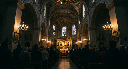 Congregation at Prayer in a Historic European Church with Ornate Architecture and Stained Glass