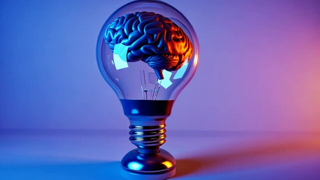 Futuristic 3D rendering of human brain inside light bulb with warm and cool gradient lighting, symbolizing creative thinking, intelligence, innovation, smart ideas, and modern technology concepts.