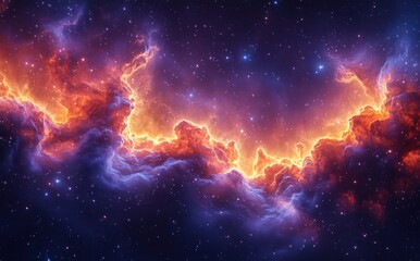 Naklejka premium Cosmic Nebula with Vibrant Hues of Violet and Amber Illuminated by Stars in Deep Space