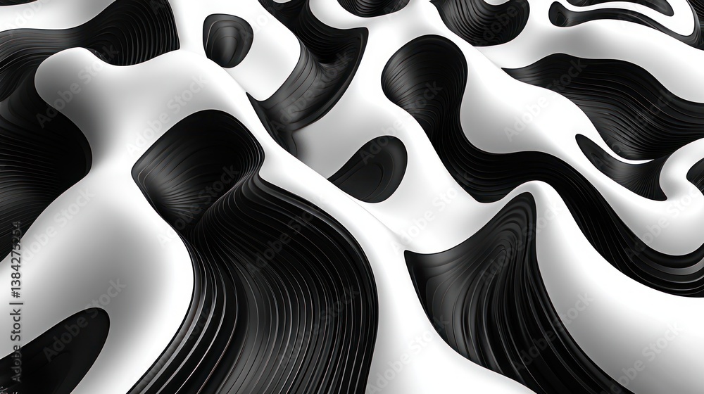 Poster abstract black and white fluid wavy pattern with stripes and motion in 3d illustration and rendering