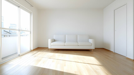 Fototapeta premium Bright Minimalist Living Room With White Sofa And Wooden Floor