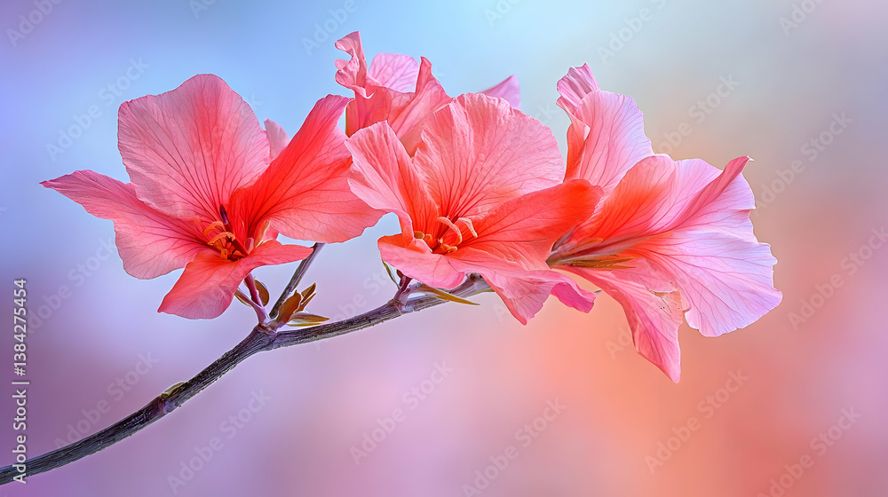 Poster close up of pink azalea flowers in full bloom against a soft colorful background showing delicate pe