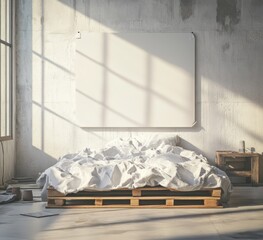 Sunlit bedroom with pallet bed and blank canvas.