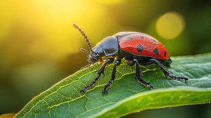 Fototapeta premium Red-black beetle crawling on vibrant green leaf in sunlit natural setting