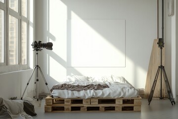 Sunlit bedroom with pallet bed, blank canvas, and camera equipment.