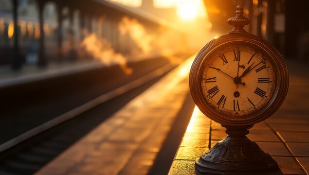 Vintage clock on train platform at sunrise (1)