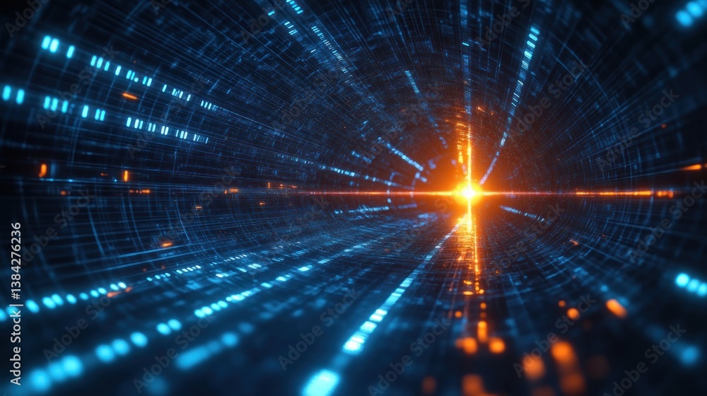 Aufkleber futuristic data streams in motion with blue light trails and orange source