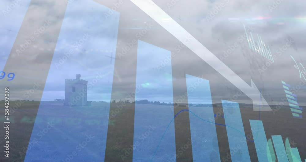 Poster bar graph and data processing animation over rural landscape with cloudy sky