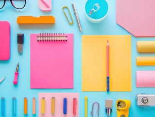 Fototapeta premium Graphic designer tools flat lay with studio lighting and negative space