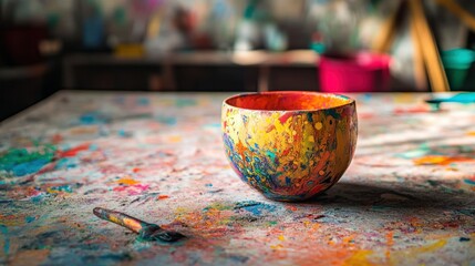A colorful painted bowl rests on a splattered art table surface