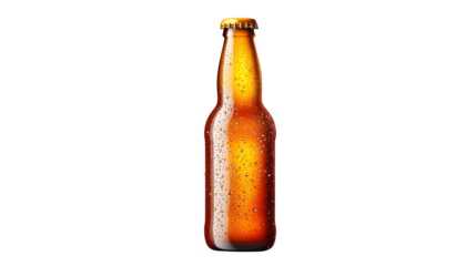 Glass beer bottle with condensation effect cold beverage isolated on transparent white background