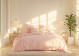 Sunlit bedroom with pink bedding, plants, and minimal decor.