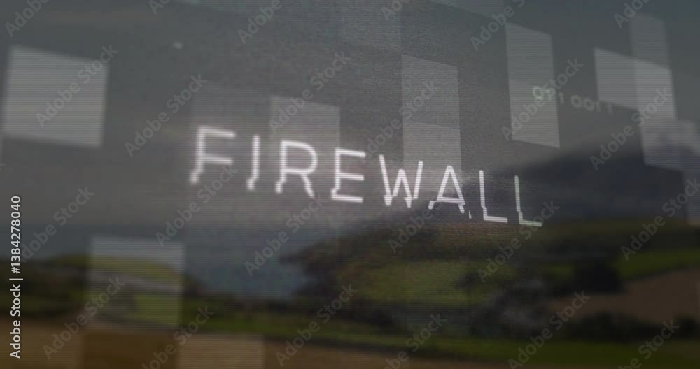 Poster animation of firewall text over digital landscape with pixelated effect and binary code