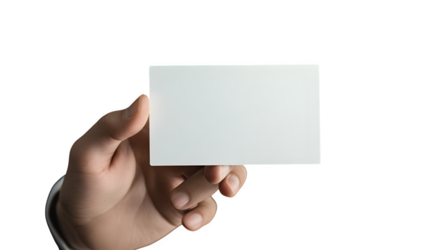 Hand holding blank white business card mockup isolated on transparent background