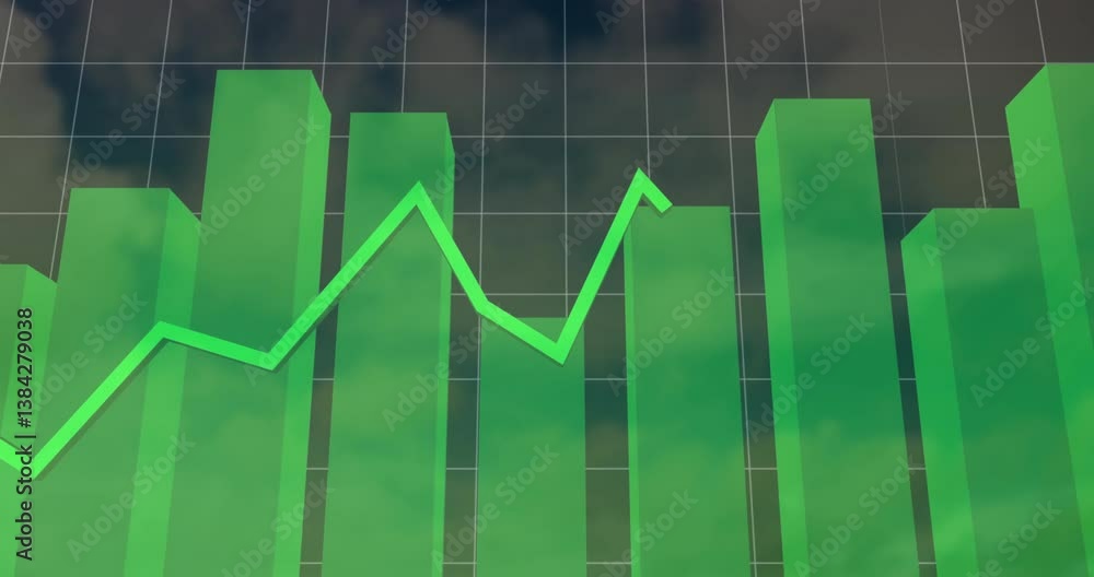 Poster animation of green bar graph with fluctuating line chart against cloudy sky