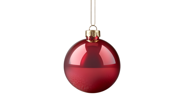 Shiny red Christmas ornament with gold string isolated on transparent background