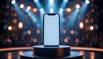 Modern Smartphone Mockup on Spotlighted Stage with Bokeh Lights, Perfect for App Presentations, UI Showcases and Tech Product Promotions