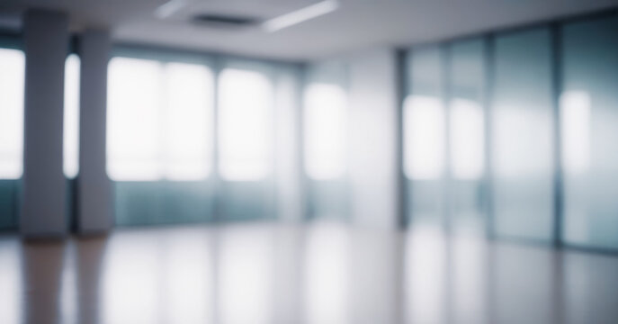 Blurry view of a bright, modern office with natural light. Premium office bokeh photos for wallpapers and banners. Cool feel.