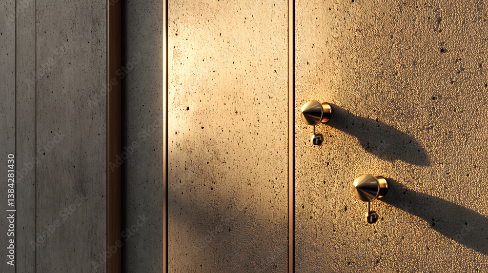 Poster close-up of a textured concrete door with golden doorknobs casting long shadows. the image is bathed