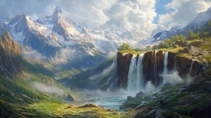 Majestic waterfall cascading down snow-capped mountains; idyllic valley landscape; nature background