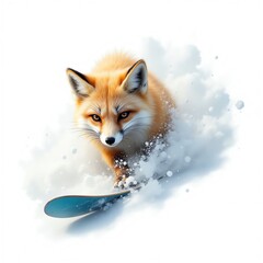 Fototapeta premium Fox skiing in snow, white isolate background
