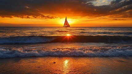 Sailboat sailing at sunset on the sea with colorful sky and wave reflection