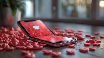 Modern Smartphone Mockup with Red Frame and Heart Notification Icons on White Background
