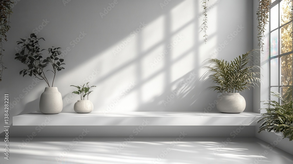Poster front view of empty shelf on white table showcase and wall background with modern minimal concept di