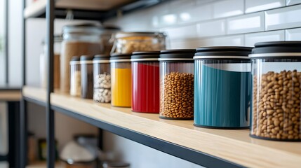 Pet food jars on shelf
