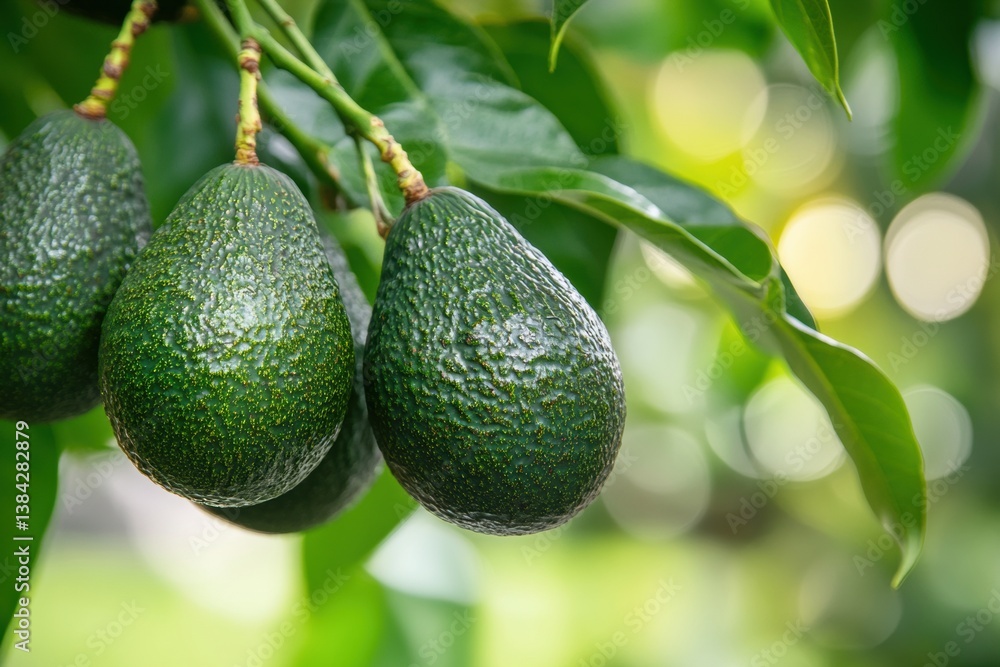 Poster Macro close-up of ripe avocados growing on a branch in a lush orchard with a soft, blurred background