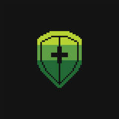 Obraz premium this shield icon in pixel art with simple color and black background ,this item good for presentations, stickers, icons, t shirt design,game asset,logo and your project.