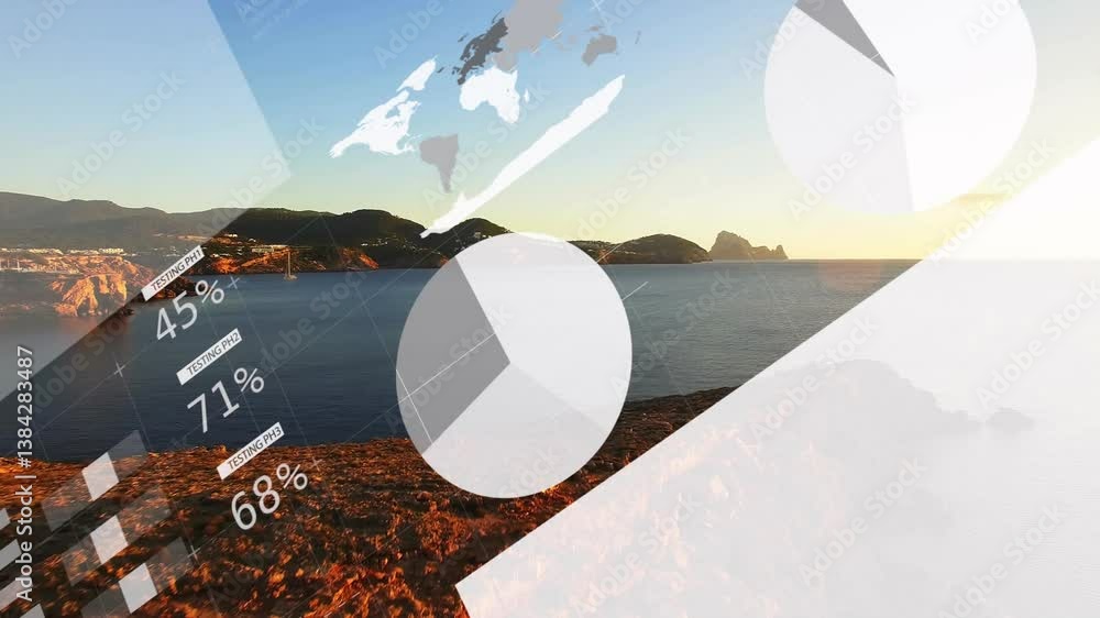 Poster world map and data charts animation over coastal landscape at sunset