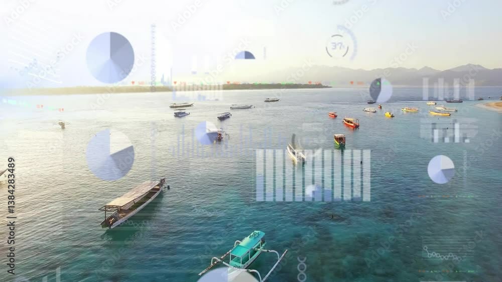 Poster boats floating on clear water with data processing animation overlay