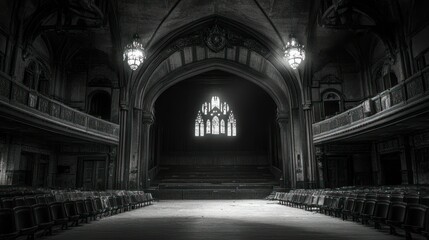 Obraz premium An abandoned theater interior with stained glass windows and seating