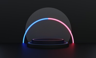 Black podium, black background with neon lights for advertising the most modern products, 3d illustration