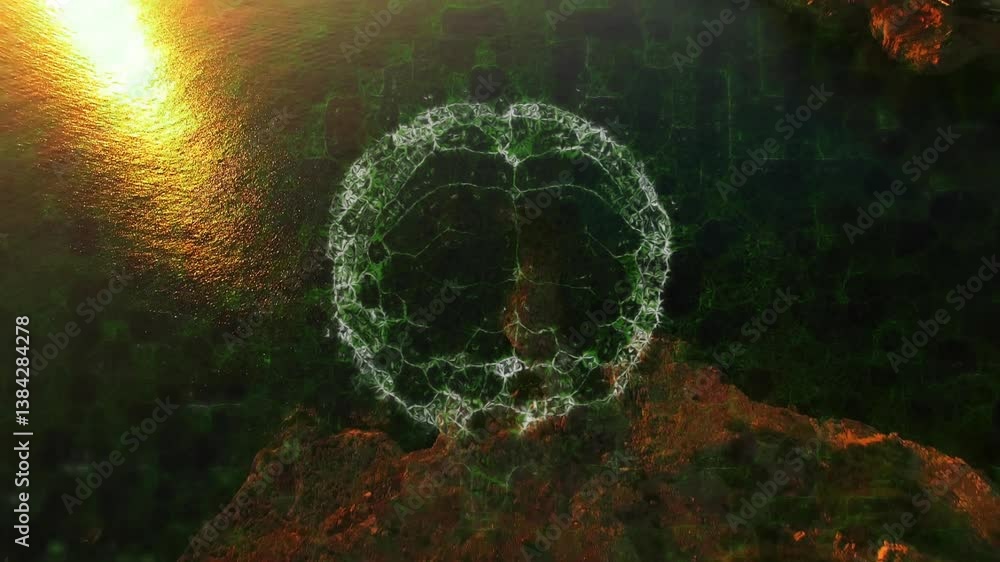 Poster aerial view of rocky coastline with animation of circular network pattern