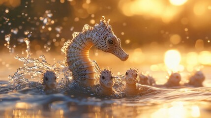 Obraz premium Seahorse Family Emerges at Golden Sunrise