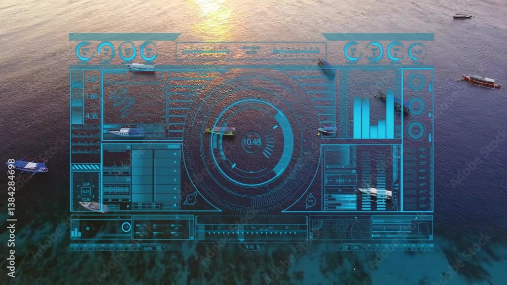 Poster boats on water with animation overlay displaying futuristic data and graphs