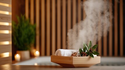 Elegant Wooden Bowl with Towel and Lush Green Plant in Natural Setting
