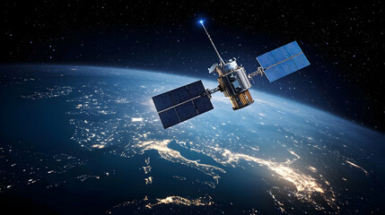 Satellite Orbiting Earth At Night With City Lights