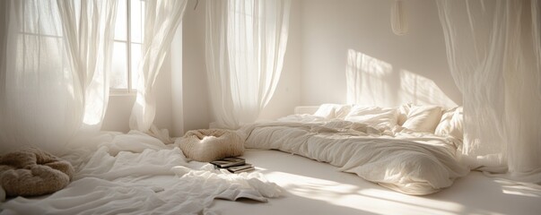 Sunlit bedroom with white bedding, curtains, and floor.