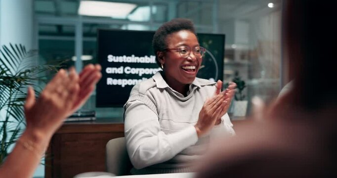 Applause, high five and meeting with business woman for sustainability program, workshop and support. Winner, corporate responsibility and celebration with people in agency for project and good news