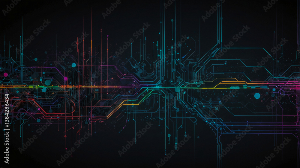 Poster neon circuit lines on dark digital background..