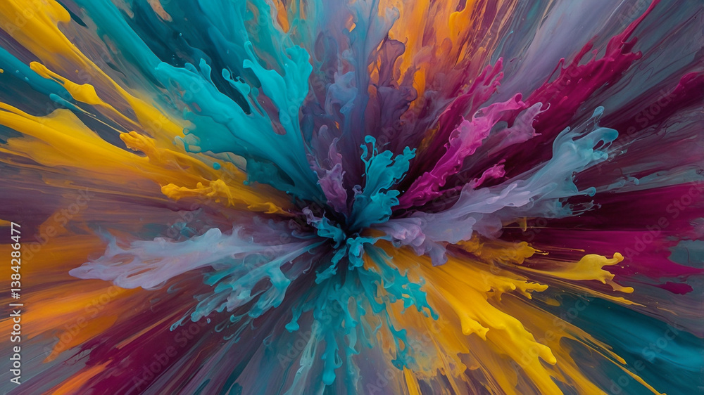 Poster explosive burst of colorful paint splashes..