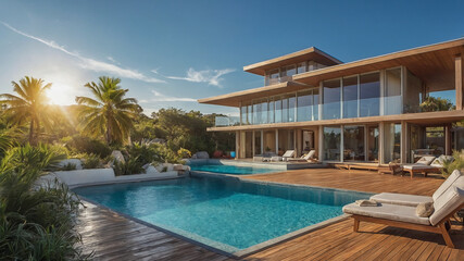 Fototapeta premium Luxury tropical villa with poolside sunrise..