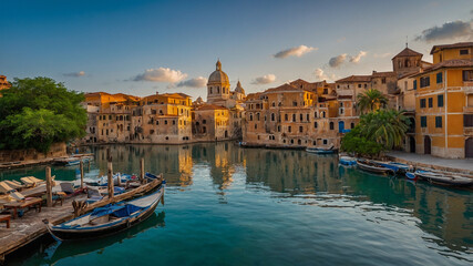 Fototapeta premium Historic waterfront town at golden sunset..