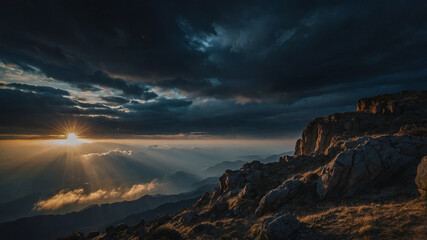 Dramatic Sunset Over Rugged Mountain Peaks..