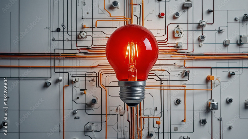 Poster creative red light bulb on circuit inspired background..