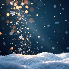 Naklejka premium Glittering snowflakes swirl in mid-air, gold confetti, winter wonderland,