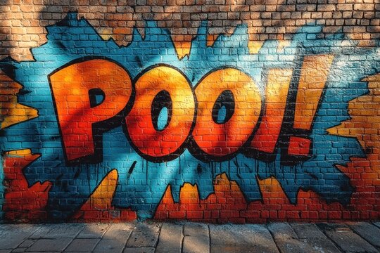 Fototapeta Comic Book Style Vibrant Graffiti Mural on Brick Wall with Bold Pow Text in Orange and Blue